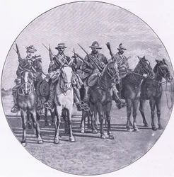Boers armed with rifles and umbrellas, from After Pretoria: The Guerilla War published by Harmsworth Bros Limited