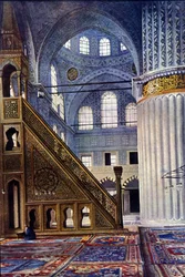 Interior of the Hagia Sophia Mosque in Constantinople (Turkey). The Mihrab. Autochrome