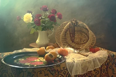 Vintage Rose and Fruit Still Life