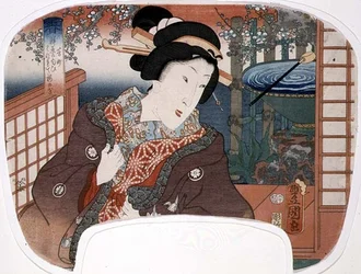 Spring, Yoshi-cho; A geisha in a garden, design for a fan from a set of four illustrating the seasons