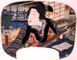 Winter, Shinobazu Pond; A geisha practicing a ballad, design for a fan from a set of four illustrating the seasons