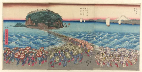 Crowd Visiting Benzaiten Shrine at Enoshima in Sagami Province