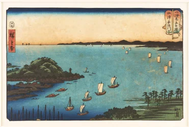 The Harbour at Ajikawa in Settsu Province, from the Series “Sumō Wrestling Matches Between Mountains and Sea”