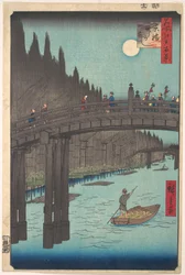 Full Moon Over Canal, with Bridge and Huge Stacks of Bamboo along the Bank