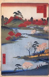 Open Garden at the Hachiman Shrine in Fukagawa. One Hundred Famous Views of Edo, c. 1858