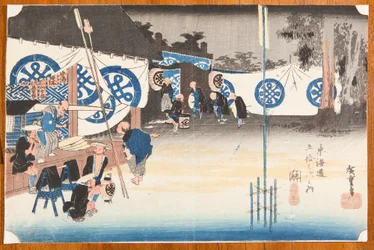 Seki. Early Departure from an Inn / Seki Honjin hayadachi, from the series: Fifty-three Stations of the Tokaido / Tokaido gojusan tsugi no uchi