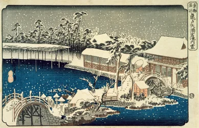 Snow at Night: A Scene Depicting a House, River and Ornamental Garden Under Falling Snow, from the Series 53 Stations of the Tokaido