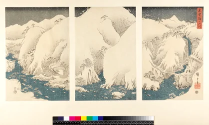 Snow storm in the mountains and rivers of Kiso, (sanmaitsuzuki - triptych, yoko-e - horizontal format, colour woodblock print)