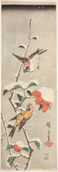 Sparrows and Camellia in Snow