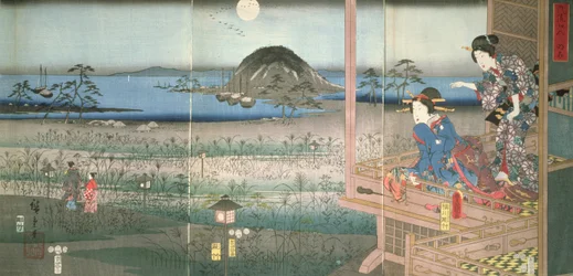 The Lady Fujitsubo watching Prince Genji departing in the moonlight, 1853