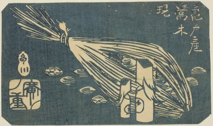 Warbler Wood Carvings and Clams of Kameido, section of a sheet from the series "Cutouts of Famous Places in Edo"