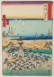 Coast of Demi and lighthouse in Settsu Province, plate 5 from the series: Views of Famous Places in More Than Sixty Provinces