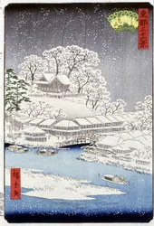 A village under the snow, Japan - Japanese print by Hiroshige - 19th century