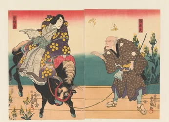Farmer accompanying a courtier on a black ox
