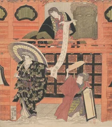 Ichikawa Danjuro VII as Konoshita Tokichi, Nakamura Daikichi as His Wife, and Iwai Hanshiro