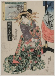 The Courtesan Emon of Maruebiya with a View of Tago Bay (from the series Courtesans with a Playful Group of Eight Views)