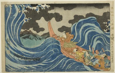 Casting a Mantra on the Waves at Kakuta on His Exile to Sado Island, from the series "Concise Illustrated Biography of the Great Priest [Nichiren]"