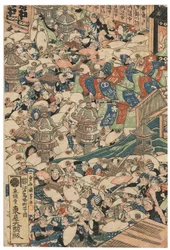 Pilgrims at the Roben Waterfall at Oyama, signed Ichiyusai Kuniyoshi, published by Azumaya Daisuke, kiwame seal, Oban tate-e triptych