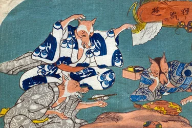 Racoon Dog and Fox at Play (Tanuki to kitsune no asobi), c.1842