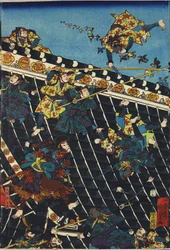 Sheet from a colour woodblock print triptych, entitled Hōryukaku shō no zu depicting a scene from the Hakkenden of Takizawa Bakin showing a fight on the temple roof between Inuzuka Shino (right), and the police under Inukai Kempachi, adapted from a triptyc