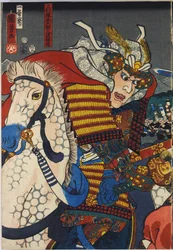 Sheet from a colour woodblock print triptych, entitled Kawanakajima kassen (The Battle of Kawanakajima), depicting a close-up of the personal encounter of the two leaders, Uesugi Kenshin (left) and Takeda Shingen: Japan, Edo