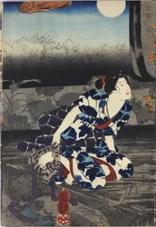 Sheet from a Colour Woodblock Triptych Print Entitled Imayo Teru-uji Furudera no Kozu, Depicting a Scene in a Ruined Temple by Moonlight with Torn and Peeling Fusuma, with Teru-uji Offering a Towel