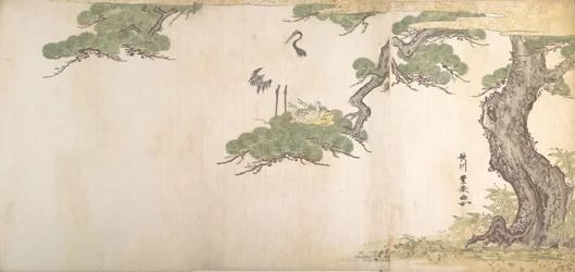 Crane and Their Young in Their Nest in the Branches of a Pine-tree