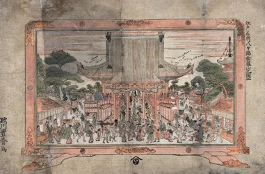 People Entering a Large Temple with Trading Stalls, c1770. Utagawa Toyoharu, Japanese Ukiyo-e Artist