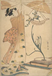A Woman Tying up a Curtain, a Flower Arrangement of Chrysanthemums in a Boat-shaped Ha...