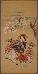Courtesan with Two Kamuro Under Cherry Blossoms