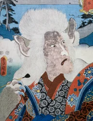Portrait of Kabuki theatre actor Morita Karya wearing zoomorphic mask, ukiyo-e art print, Japanese civilization, Edo period