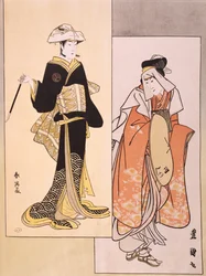 Portraits of actors on stage, ukiyo-e of Shun-Yei and Utagawa Toyokuni