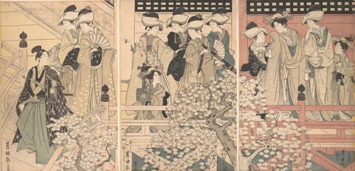 Beauties on a Veranda among Cherry Blossoms from which a Samurai is Departing