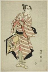 The actor Sawamura Sojuro III as the packhorse-man Muchizo in the play "Miyamairi Musubi no Kamigaki," performed at the Kiri Theater in the eleventh month, 1797
