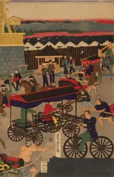 Flourishing Nihonbashi section of Tokyo. Tokyo Nihonbashi han ei no zu Triptych