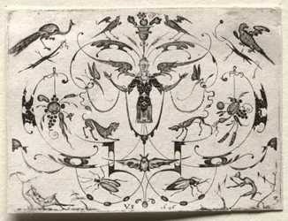 Arabesque with Peacock, Parakeet, Dogs and Insects, 1626.