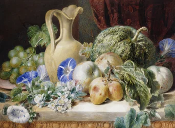 A Still Life with a Jug, Apples, Plums, Grapes and Flowers