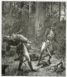 Rask the dog killing an English soldier - illustration from Bug-Jargal, 19th Century