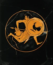 Running hoplite, with shield, spear and helmet