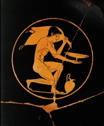Young man with cup and wine-skin