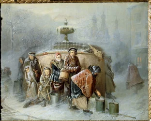 The Queue at the Fountain. In the middle of winter, the inhabitants of the town wait their turn in the cold wind and fog to fill their buckets with drinking water. (1834-1882)