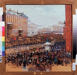 Revolutionary Demonstration in Moscow in 1917. Episode of the Bolshevik Proletarian Revolution in the Streets of the Russian Capital. Painting by Vasili Nikitich Meshkov (1868-1946)