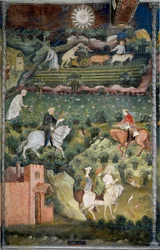 September: Falcon hunting and field plowing. Agriculture scene with cart pulled by oxen and agricultural tools.