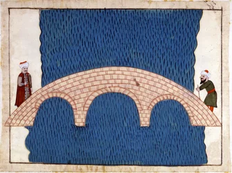 Constantinople. Galata Bridge (Miniature from “Turkish Memorials” (codex Cicogna 1971 “Memorie Turchesche”) Watercolour from the 17th century Venetian school)