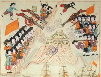 Miniature from the Memorie Turchesche depicting the Venetians and their allies recapturing the fortress on Limnos from the Ottoman Turks