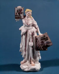 Porcelain statuette representing a young woman selling or showing prints