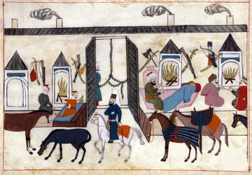 View of the interior of a caravan in Turkey under the Ottoman Empire (Miniature from “Turkish Memorials” (codex Cicogna 1971 “Memorie Turchesche”) Watercolour from the 17th century Venetian school)