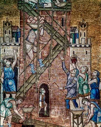 Byzantine architecture: “The Construction of the Tower of Babel”. On the site, the masons, standing on scaffolding, lay the stones of the tower. Mosaic made by Venetian artists, 13th century, Basilica di San Marco (Basilica of St. Mark), Venice