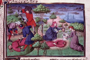 Murder scene of two men whose murderers cut their head off. Page of a manuscript in French of the Decameron by Giovanni Boccaccio. 1450. Paris, Library of the Arsenal