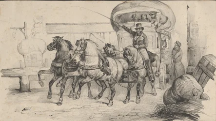 Five horses pulling a carriage with passengers